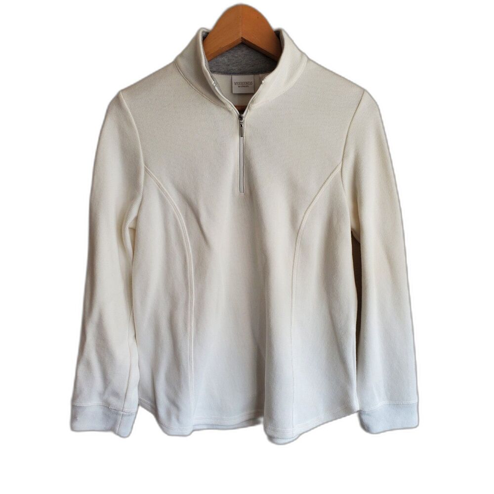 Chico’s 0 WEEKENDS Beige Quarter Zip Pullover Top Long Sleeve Soft Knit Casual S